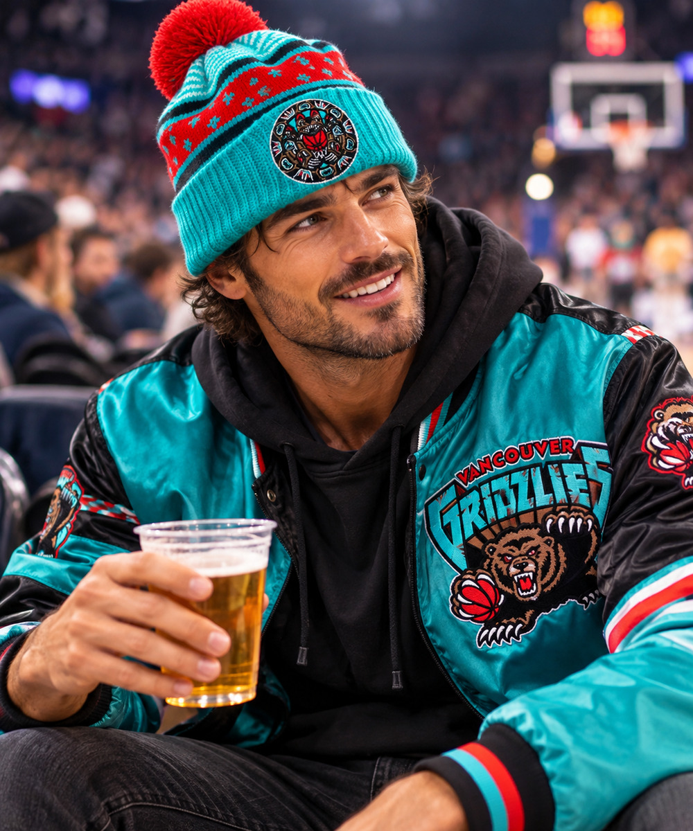Mitchell & Ness Vancouver Grizzlies Pom Beanie Hat Teal Red NBA Throwback